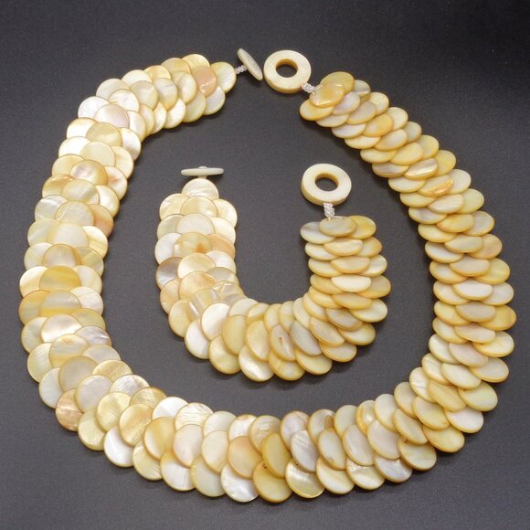 Vintage Jewelry - Vtg Handmade Hawaiian Golden MOTHER OF PEARL Disc NECKLACE & BRACELET Set